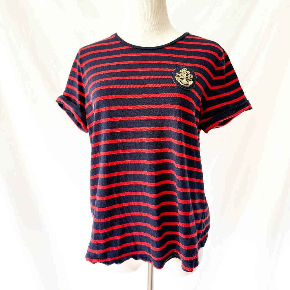 Ralph Lauren Shirt Womens Small Red Blue Striped Short Sleeve Crest PL